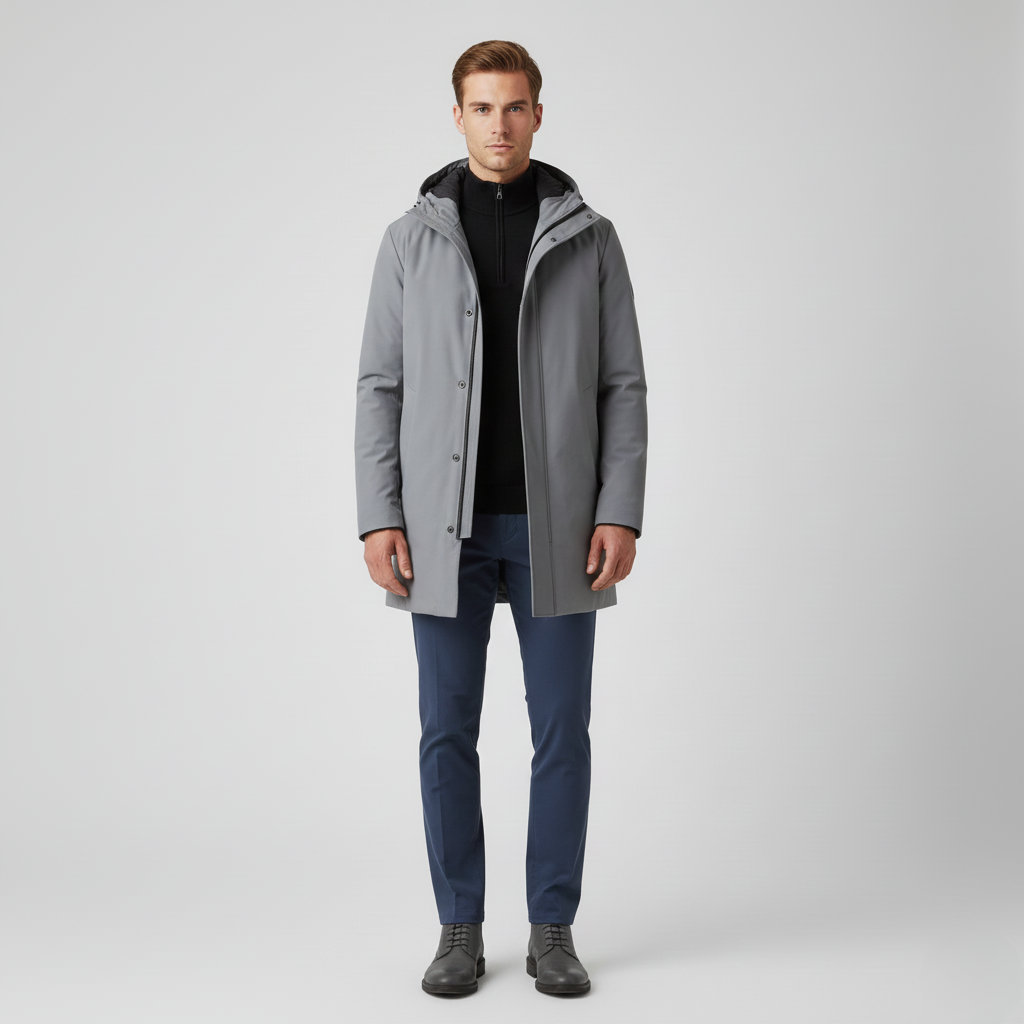Cappotto da uomo con cappuccio e chiusura nascosta