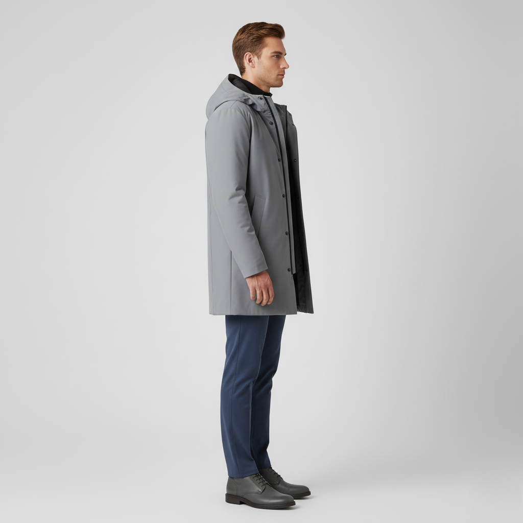 Cappotto da uomo con cappuccio e chiusura nascosta